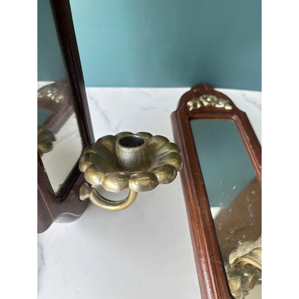 Vintage Metal Faux Wood Brass Mirror Wall Sconce Pair Floral Candle Holder Set
